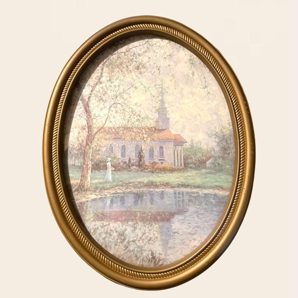 Vintage Oval Gold Framed Impressionist Church Pond Landscape Wall Art Cottage
